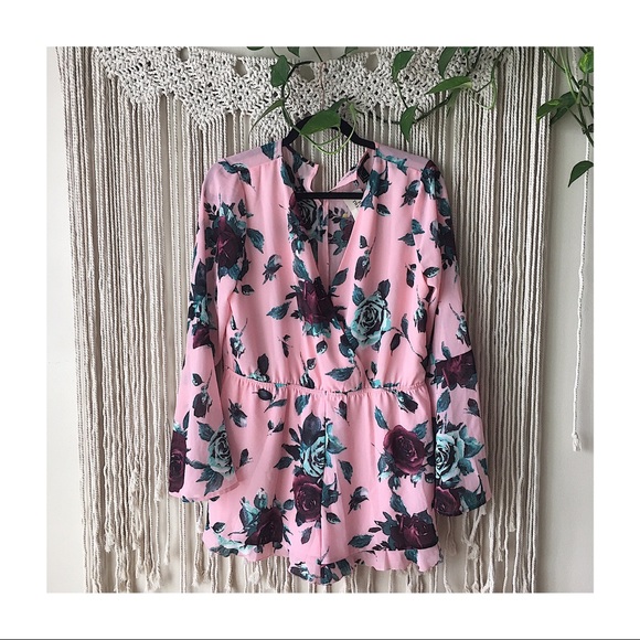 Forever 21 Other - Forever 21 Pink Long Bell Sleeve Floral Romper
